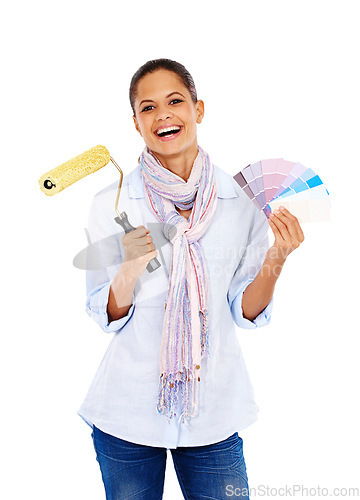 Image of Happy woman, portrait and color swatch roller on isolated white background in house, home or apartment wall ideas. Smile, happy and interior designer with painting tools, vision and DIY mockup tools