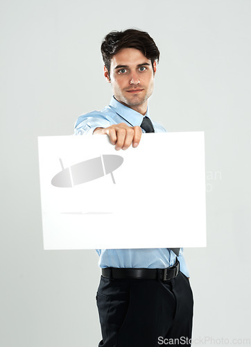 Image of Placard mockup, presentation and portrait businessman with marketing promo poster, advertising banner or product placement. Mock up, billboard sign and studio sales model isolated on white background