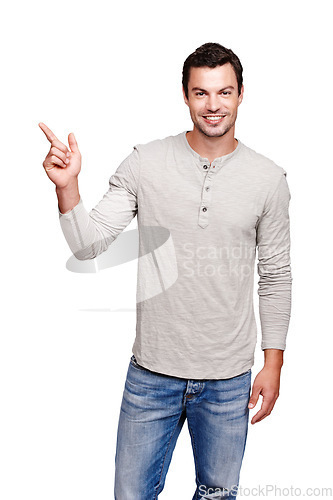 Image of Man, pointing finger and studio portrait with mockup space for advertising isolated on a white background. Happy male model from France showing hand for promotion idea, announcement and brand product