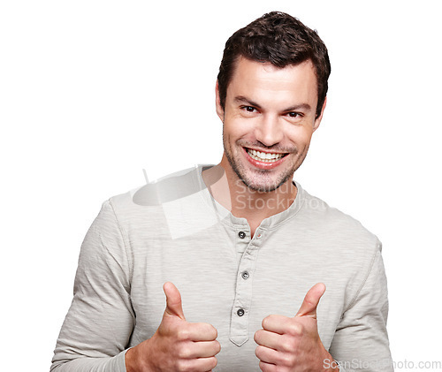 Image of Portrait, hands and thumbs up with a man in studio isolated on a white background as a winner or for motivation. Thank you, goal and target with an excited man showing a positive hand sign or emoji
