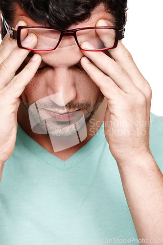 Image of Mental health, depression and face of studio man with anxiety problem, burnout fatigue and depressed over mistake. Medical healthcare crisis, headache and sad model with migraine on white background