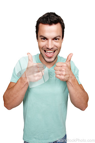 Image of Portrait, thumbs up and review with a man in studio isolated on a white background as a winner or for motivation. Thank you, goal and target with an excited man showing a positive hand sign or emoji