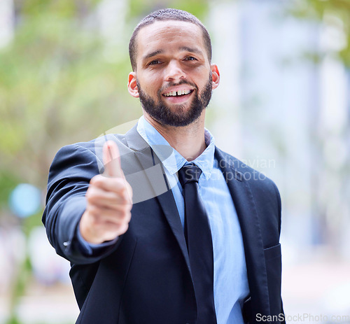 Image of Support, thumbs up and business man in city for leadership, motivation and corporate startup. Manager, success and portrait of male entrepreneur with hand gesture for thank you, agreement and goals