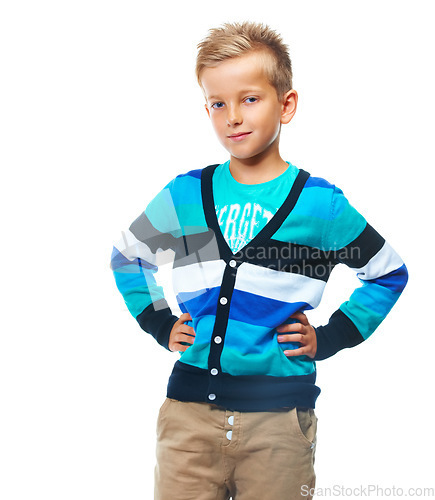 Image of Boy, kid and standing in studio, white background and isolated alone. Portrait of cute young child, model and casual kids lifestyle for healthy growth, youth development and confidence of school boy