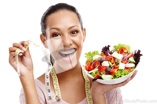 Image of Diet, measuring tape and portrait of woman with salad for health, wellness and lose weight nutrition lifestyle. Smile of happy black woman with healthy food on isolated white background.