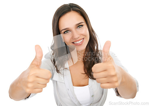 Image of Woman, happy portrait and thumbs up of a beautiful model isolated with white background. Yes, thank you and success hands sign with motivation and winning agreement vision of a female and mockup