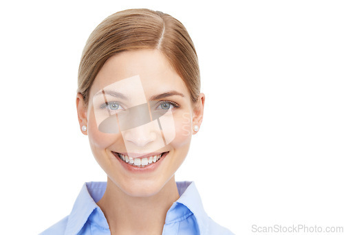 Image of Portrait, mockup and trust with a business woman in studio on a white background for marketing or advertising. Mock up, brand and about us with a female employee posing to promote product placement