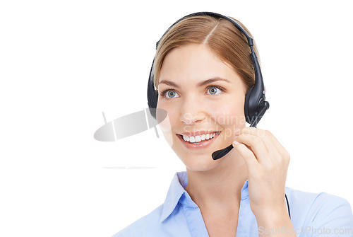 Image of Face, customer service and woman at call center in studio isolated on white background mockup. Crm, thinking and smile of happy female telemarketing worker, consultant or sales agent from Canada.