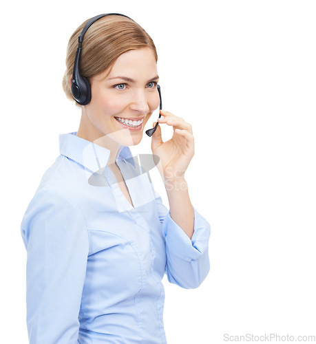 Image of Customer service, face and woman at call center in studio isolated on a white background mock up. Crm, thinking and smile of happy female telemarketing worker, consultant or sales agent with headset.