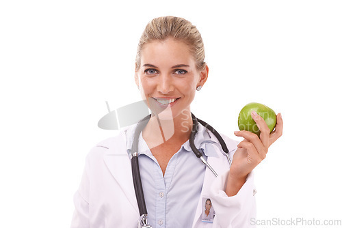 Image of Woman doctor, apple and studio portrait for nutrition, wellness and smile by white background. Happy isolated medic, fruit and nutritionist with health for vitamin c, natural diet and healthy food