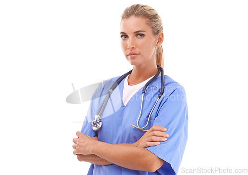 Image of Proud doctor in healthcare portrait on a white background for medical wellness with innovation, service and trust. Nurse or medical worker with stethoscope in studio mock up advertising or marketing