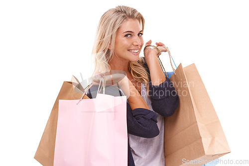 Image of Shopping bag, studio and fashion portrait of woman with retail sales product, discount deal or mall store present. Market choice purchase, luxury designer gift and happy customer on white background