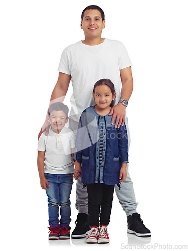 Image of Family, muslim and father with children portrait happy about eid, love and big family care. White background, isolated and dad with islamic kids together with a parent and happiness together