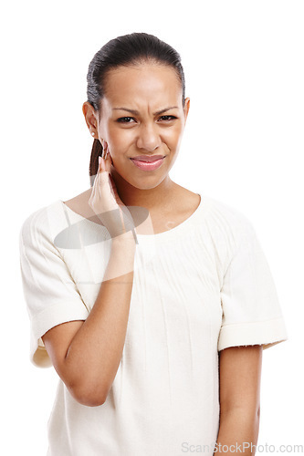 Image of Injury, stress and woman in studio with neck pain, inflammation or accident with medical emergency. Painful, hurt and girl from Mexico with muscle sprain, sore or tension isolated by white background