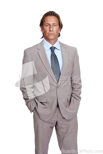 Image of Mature businessman, portrait and confidence on isolated white background with finance goals and investment growth. Ceo, manager and financial leadership worker with success mindset on about us mockup