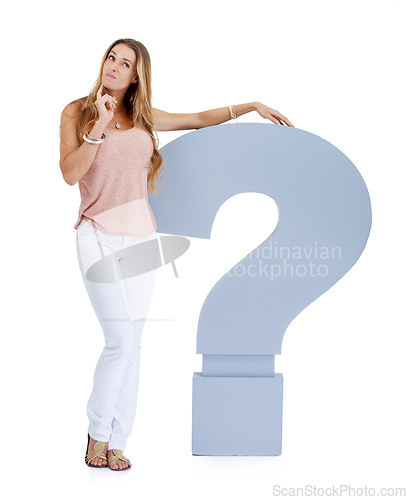 Image of Thinking, question mark and woman on a white background with sign for decision, ideas or problem solving. Confused, question and doubt of model with why icon, font or cardboard for solution in studio