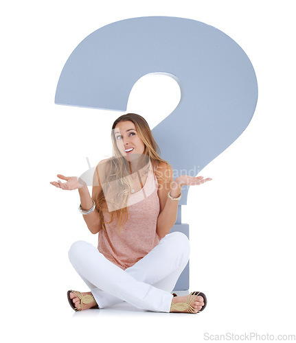 Image of Question mark, confused and woman in studio with sign for ideas, decision and problem solving on mockup. Memory fail, question and doubt of model with why icon, font or cardboard for solution search