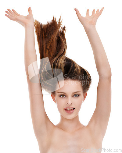 Image of Salon, hair in air and portrait of woman isolated on white background for wellness, hair care and treatment. Beauty, fashion and headshot pose of girl in studio for hair products, keratin and shampoo