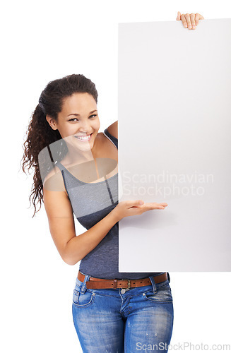 Image of Empty, advertising and portrait of woman with poster for blank product placement and copy space signboard. Isolated black woman with poster mockup at white background for marketing.