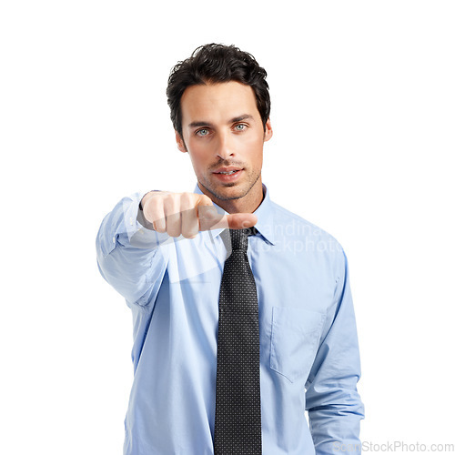 Image of Businessman, pointing with hand in portrait, professional with consultant and management against white background. Man in business, marketing and corporate employee, executive with company mockup