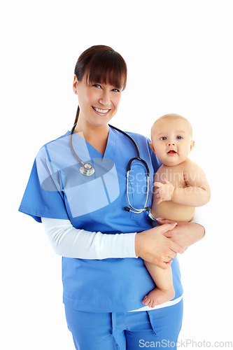 Image of Nurse, portrait and woman with baby in studio isolated on white background. Face, healthcare and happy medical professional, physician or female pediatrician holding child, kid or toddler at hospital