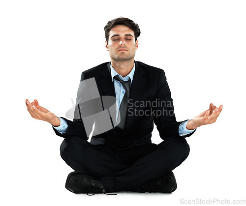 Image of Yoga meditation, relax and business man meditate for work stress relief, spiritual mental health or chakra energy healing. Lotus, zen mindset peace and employee mindfulness on white background studio