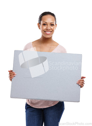 Image of Woman, studio portrait and mockup poster with smile, marketing or happy by white background. Isolated black woman, mock up billboard and happiness for branding, blank paper board and advertising sign