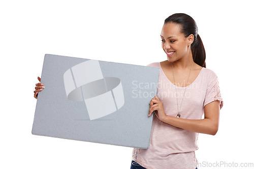 Image of Studio, mockup and woman with banner on a white background for announcement, information and message. Marketing, advertising and happy girl isolated with gray poster for branding, logo and text print