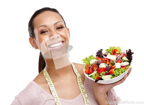 Image of Lose weight, measuring tape and portrait of girl with salad for health, wellness and diet nutrition lifestyle. Smile of happy black woman with healthy food on isolated white background.