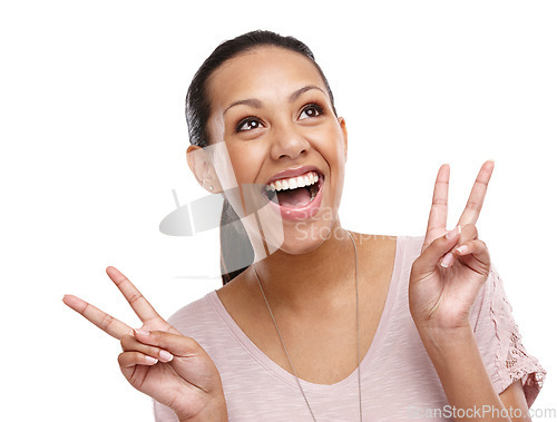 Image of Peace sign, hands and face of woman on a white background for happy, relaxing and positive mindset. Beauty, emoji and carefree girl isolated in studio with hand gesture for calm, wellness and zen