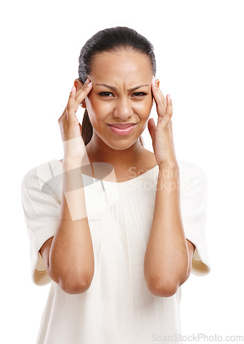 Image of Portrait, black woman and headache with depression, migraine and girl isolated on white studio background. African American female, lady and pain with burnout, mental health or frustrated on backdrop
