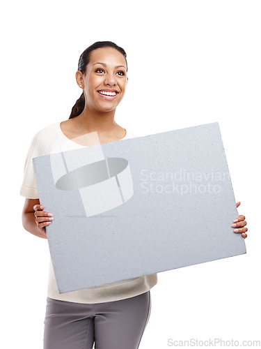 Image of Advertising, banner and woman on a white background with poster, billboard and gray sign isolated in studio. Marketing, branding mockup and happy female model for announcement, news and information