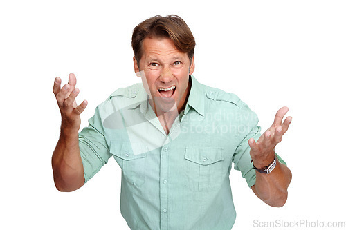 Image of Portrait, angry and frustrated with a man in studio isolated on a white background feeling negative or upset. Stress, anger and unhappy with a male posing on blank space feeling mad or annoyed