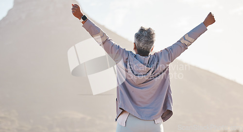 Image of Winner, fitness and woman and hands in air for exercise, fitness or workout training goals, success and achievement in nature. Winning, freedom and healthy senior or runner rear on mountains mockup