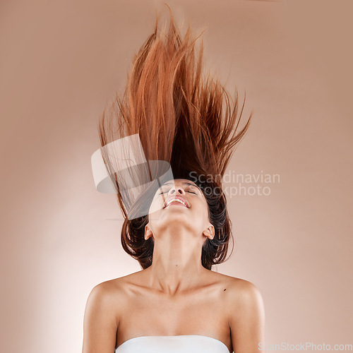 Image of Hair care, beauty and cosmetics of a woman on studio background for luxury salon treatment with shampoo product. Headshot of aesthetic model posing for hairdresser, skincare and wellness mockup