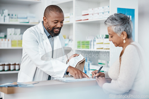 Image of Pharmacy, black man and woman with healthcare medicine and conversation for instructions. Pharmacist, female patient and medical professional talking, stress and explain for customer and frustrated.