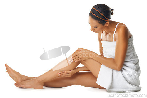 Image of Skin care, legs and beauty woman in studio for self care, body wellness or cosmetics marketing mockup. Aesthetic, dermatology and sexy woman or skincare model with hair removal advertising on mock up