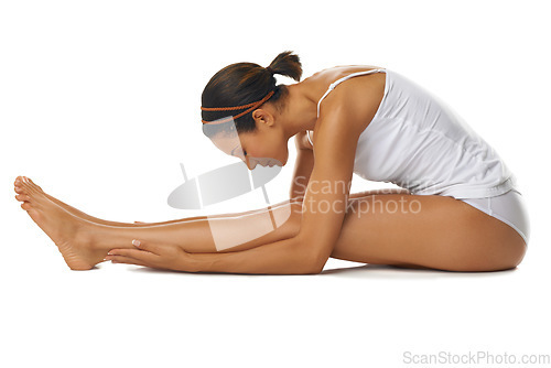 Image of Woman, body and skin with stretching and exercise, wellness and yoga with skincare on white background. Profile body care and female in underwear with beauty, cosmetics and pilates with self care