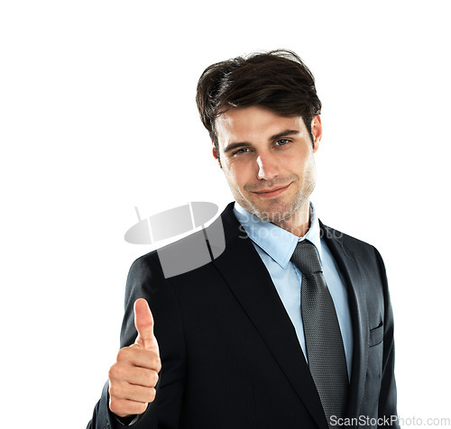 Image of Business man, portrait and thumbs up to show success, support and yes hand sign. White background, isolated and happy employee with winner, thank you and motivation hands gesture ready for working