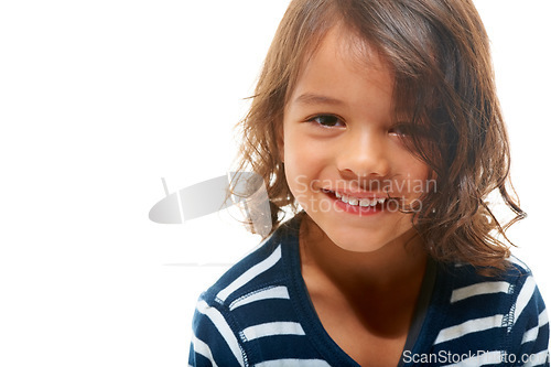 Image of Child, portrait and smile of a boy child with isolated white background in studio with mockup. Happiness, face and youth of a young toddler happy with mock up space looking positive and cheerful