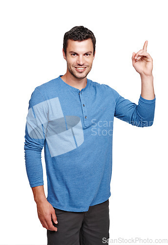 Image of Pointing up, man and model portrait with idea thinking with a smile in isolated white background. Happiness, ideas and planning of a person with casual clothes in a studio with mockup and a question