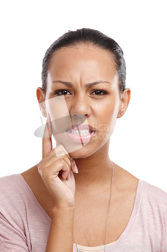 Image of Thinking, confused and frustrated, portrait of black woman with stressed look on face isolated on white background. Doubt, choice and crisis decision, woman with stress trying to remember in studio.