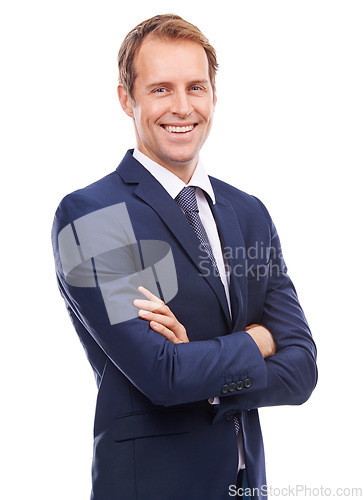 Image of Portrait, mindset and mission with a business man in studio isolated on a white background standing arms crossed. Vision, future and growth with a male employee in a suit for corporate success
