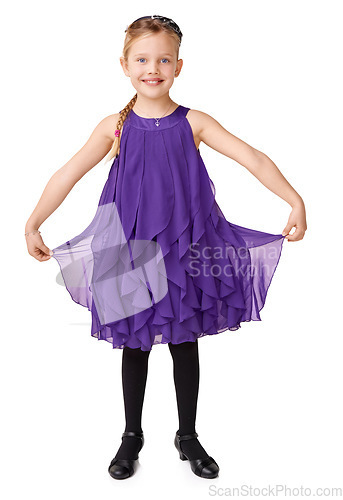 Image of Ballroom dance, ballet and portrait of little girl dancer, kindergarten child in pretty dress on white background. Art, small folk dancing and happiness, student training in dance studio with curtsy.