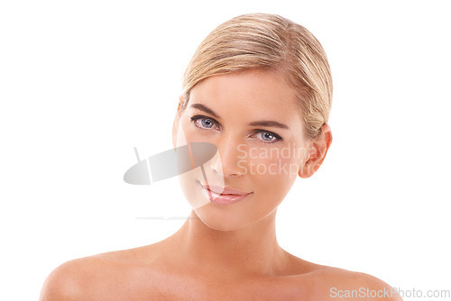 Image of Skin glow, face beauty and portrait of a woman relax about dermatology and natural skincare. White background, wellness and cosmetics of a model peaceful about facial and face skin care in studio