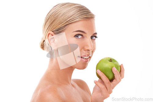 Image of Apple, healthcare and face portrait of woman with fruit product to lose weight, diet or body detox for wellness lifestyle. Health model, nutritionist food and vegan girl on white background studio