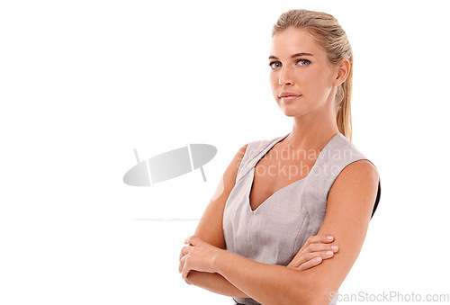 Image of Business, portrait and woman with crossed arms in a studio with a classy corporate outfit. Success, professional and face of a young female model with leadership by white background with mockup space