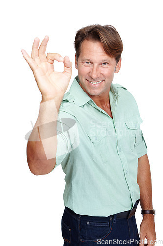 Image of Mature businessman, portrait or okay hand on isolated white background for success, growth target or motivation. Face, smile or happy worker with ok, yes or winner gesture on studio backdrop mockup