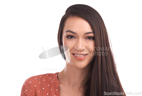 Image of Portrait, beauty and mockup with a model woman in studio isolated on a white background for makeup or cosmetics. Face, skincare and marketing with an attractive young female advertising blank space