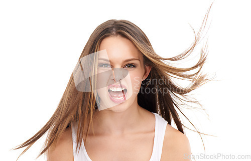 Image of Mental health, hair and portrait of woman screaming in anger or frustration, rage on isolated on white background. Stress, anxiety and frustrated angry woman with burnout and raging scream in studio.